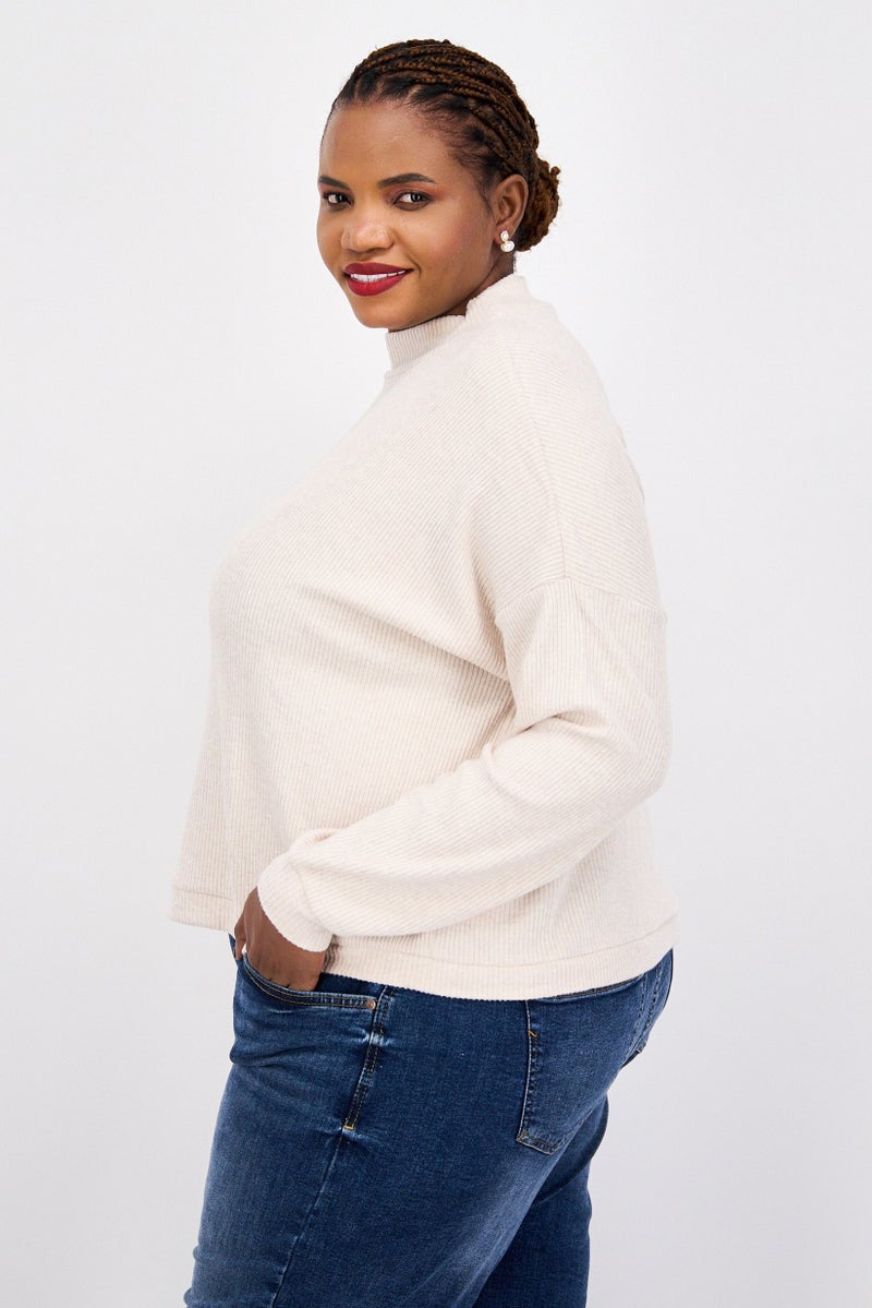 LUCKY BRAND بلوزة نسائية بأكمام طويلة وياقة مرتفعة، بيج - Image 4